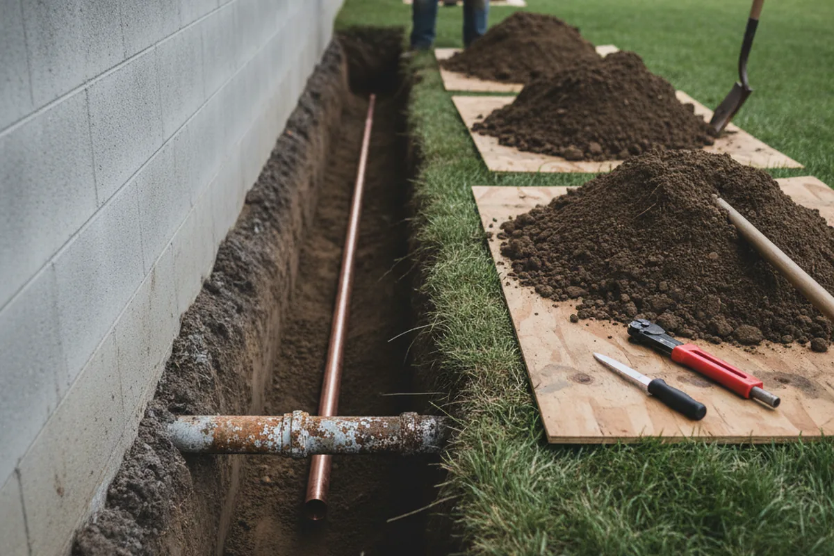 Excavated water line trench during Water Softener Installation in Brattleboro